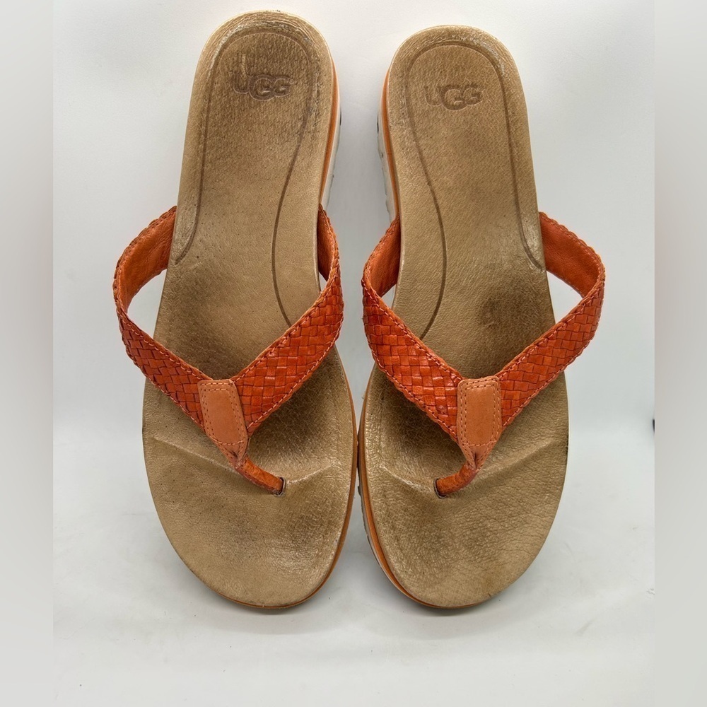 UGG Womens Lorrie Orange Leather Woven Flip Flop Size 9.5